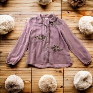 J Jill Sheer Floral Embroidered Button Up Career Blouse Sz: XL Rayon Lavender